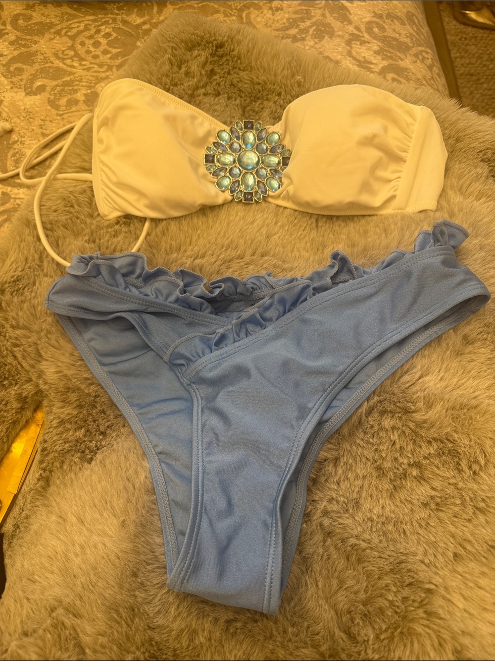 Embellished White Bandeau Bikini Top with Light Blue Ruffle Bikini Bottom